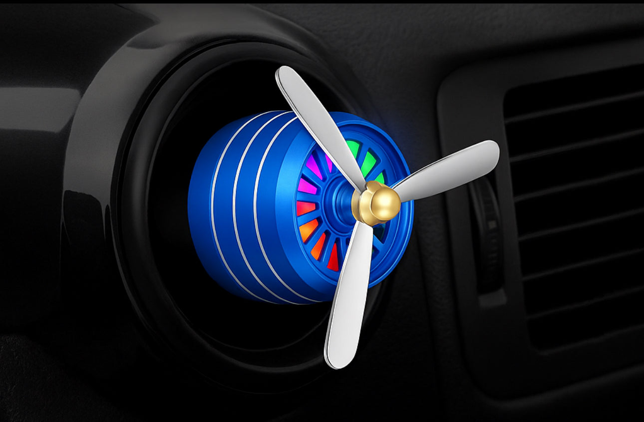 Odorizant Auto Ventilator Albastru Argintiu LED Parfum Masina Propeler Aromaterapie Accesorii Interior