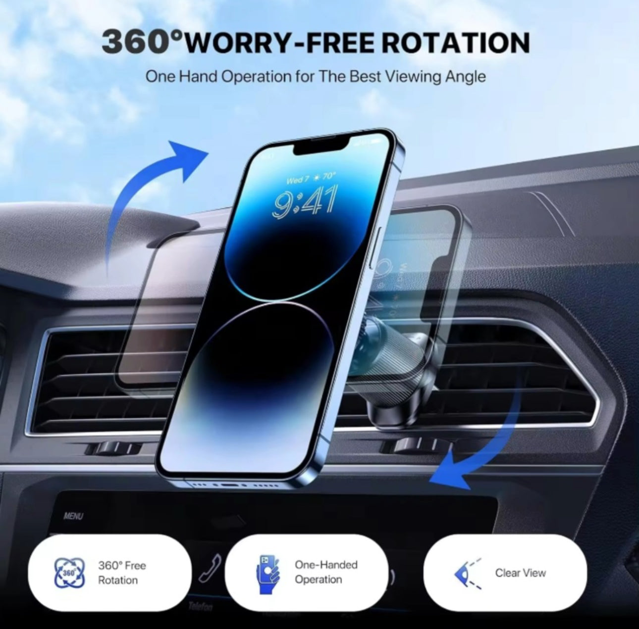 Suport Auto Magnetic – Prindere pe Grila de Ventilație, 360° 2 Tăblite Adezive Incluse