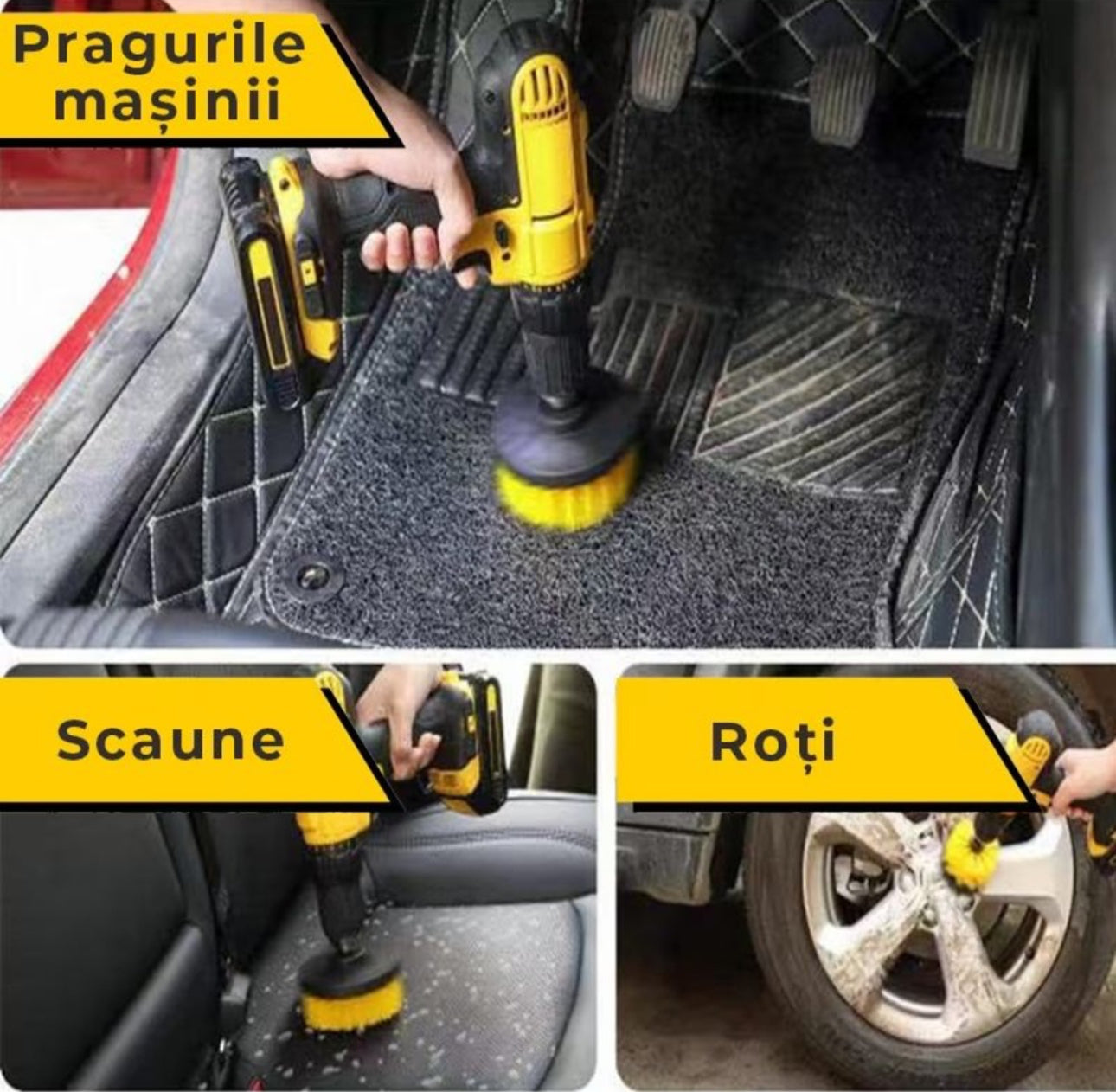 Set 3 Perii Curatare Tapițerie Auto Mocheta Cu Adaptor Bormasina Autofiletanta